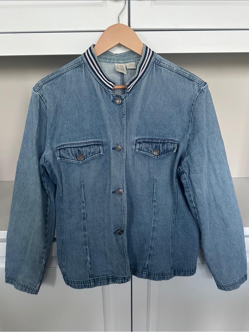 Light Blue Denim Bomber Jacket with Striped Rib Collar